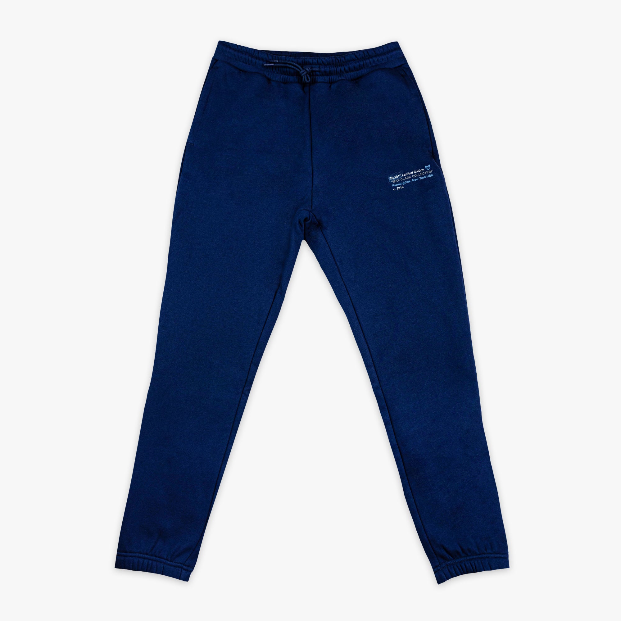 Navy blue sweatpants with a logo on a white background