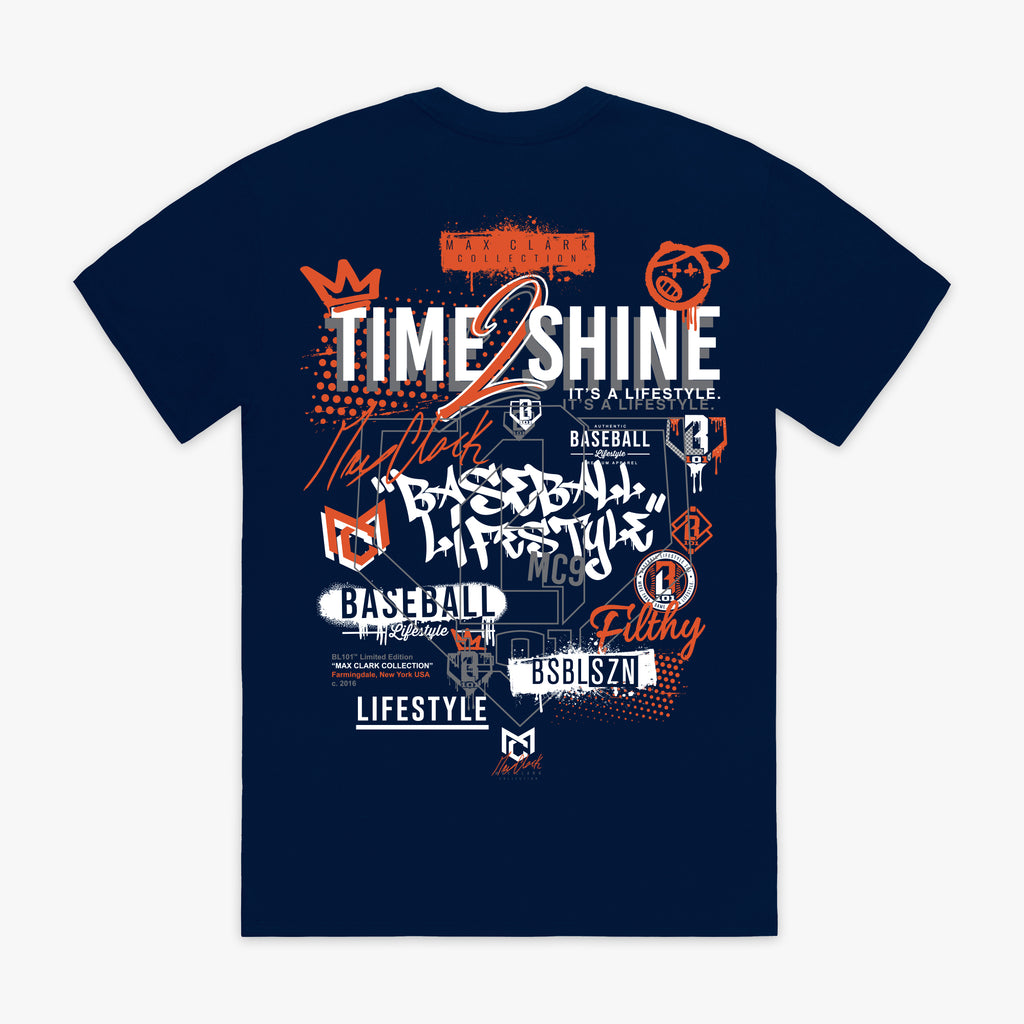 Navy blue t-shirt with colorful graphics and text on a white background