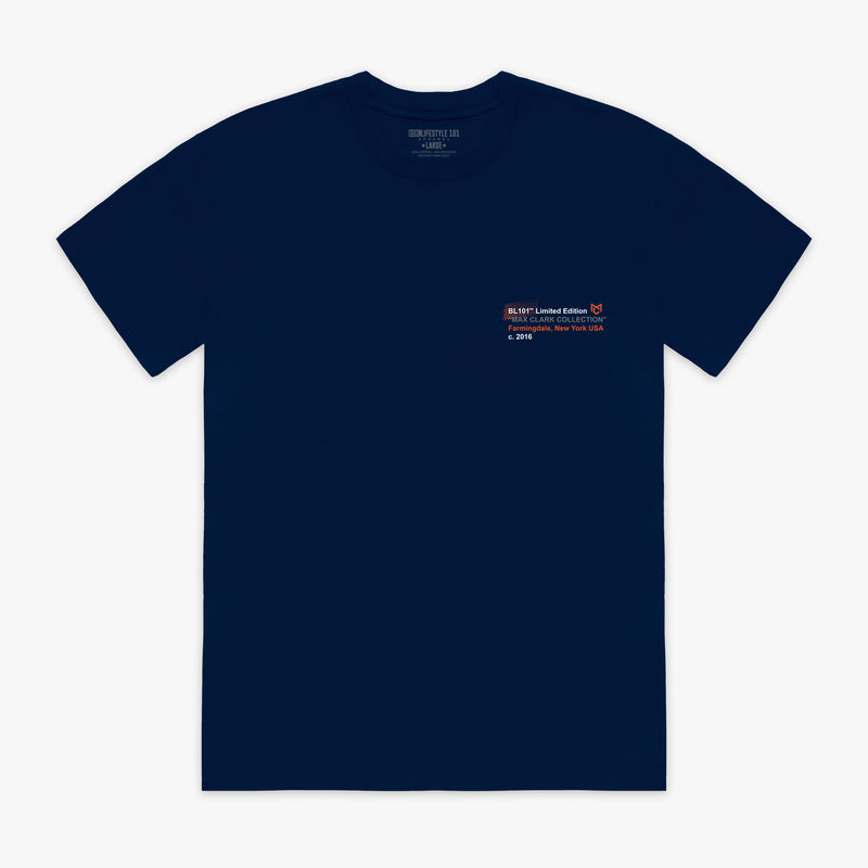 Navy blue t-shirt with a small logo on the chest against a white background