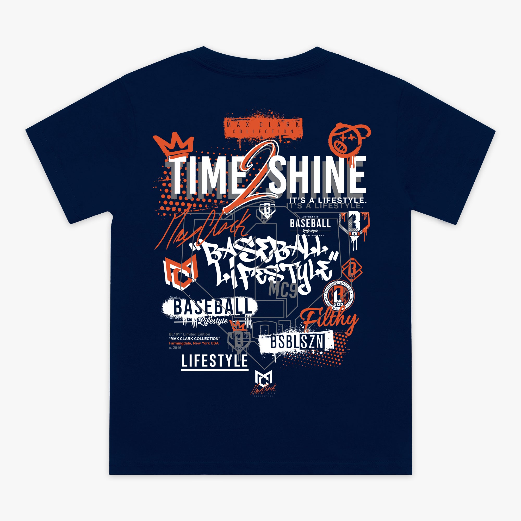Navy blue t-shirt with colorful graphics and text on a white background