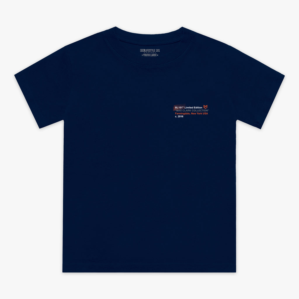 Navy blue t-shirt with a small logo on the chest against a white background