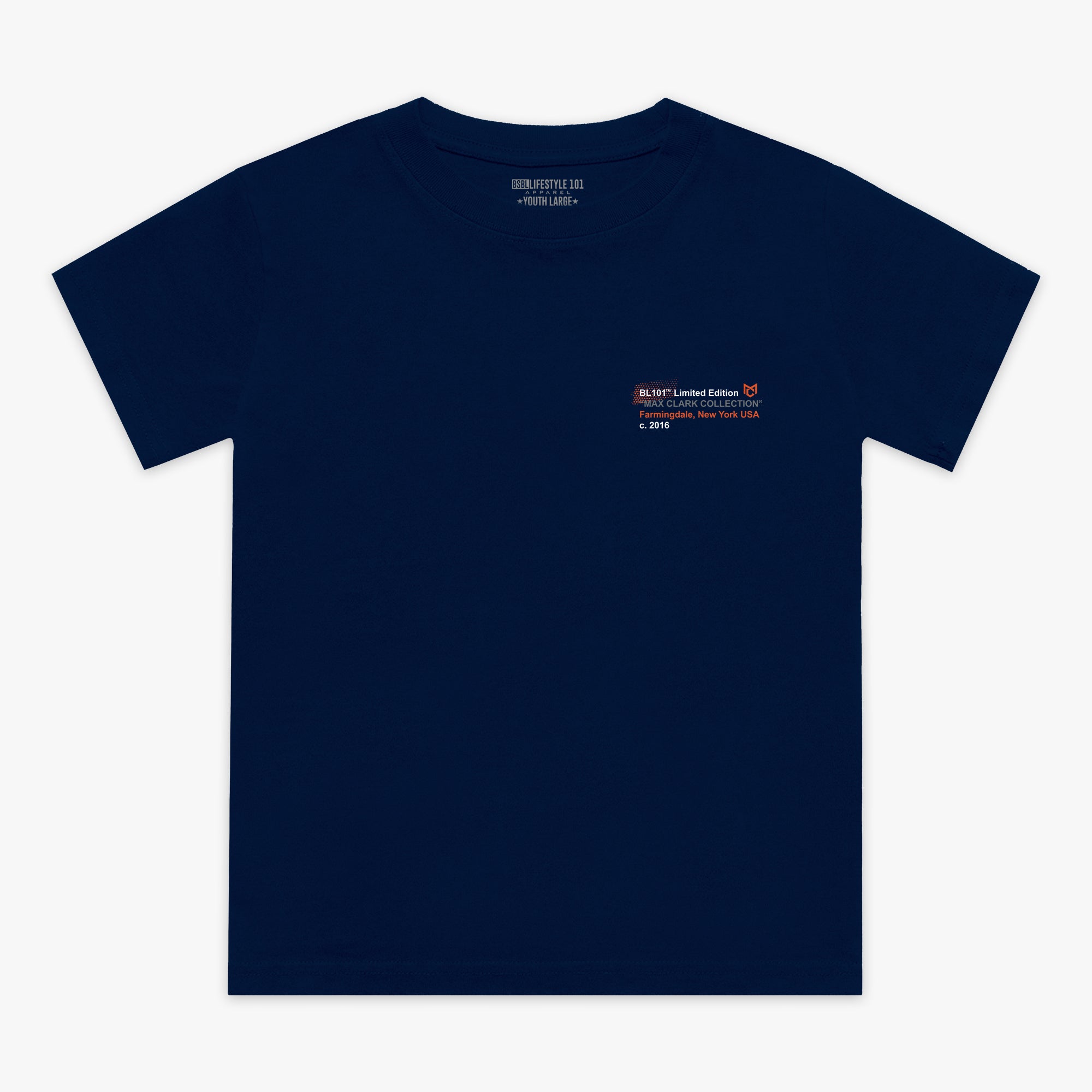Navy blue t-shirt with a small logo on the chest against a white background