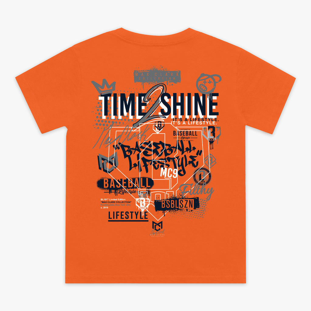 Orange Max Clark youth graphic tee — back view