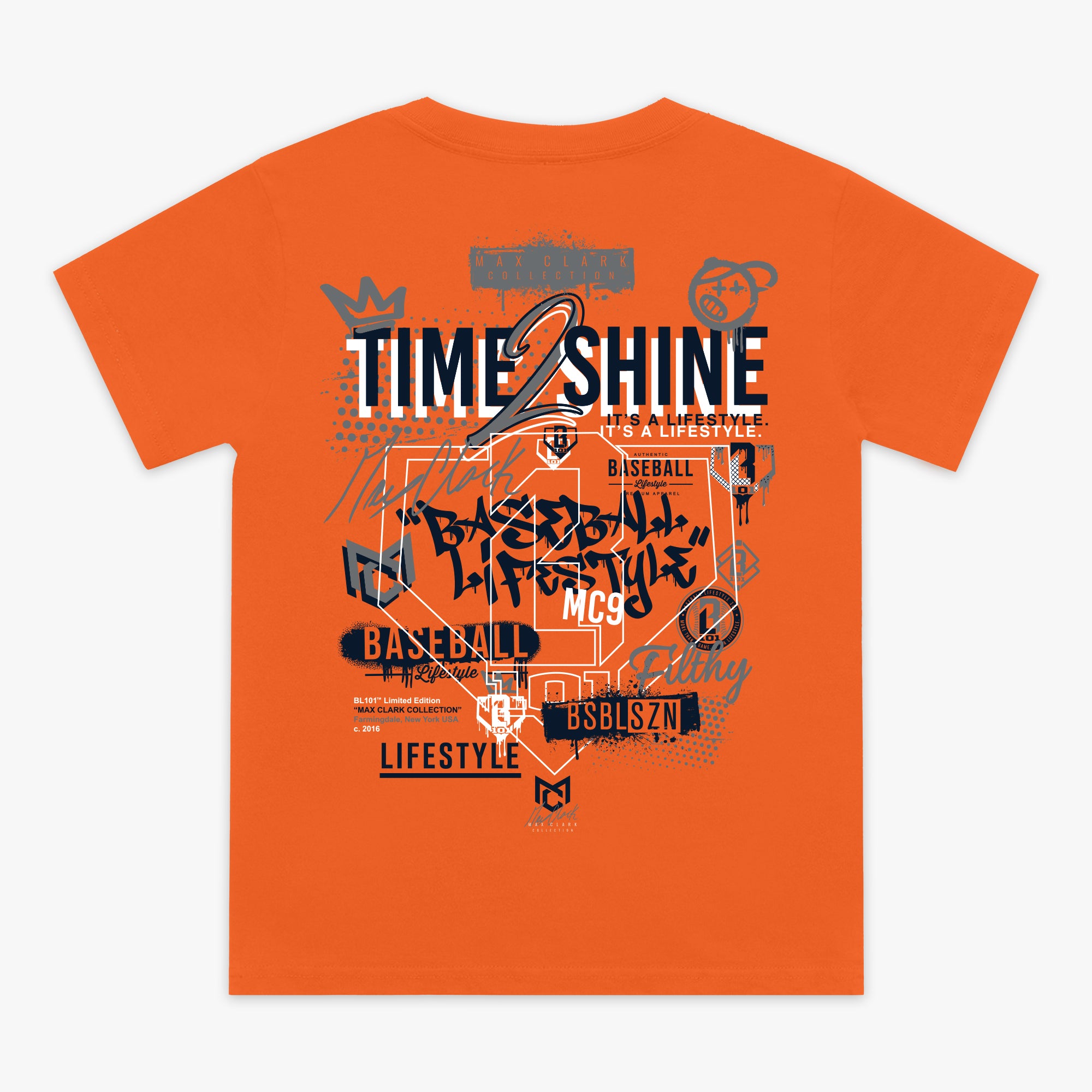 Orange Max Clark youth graphic tee — back view
