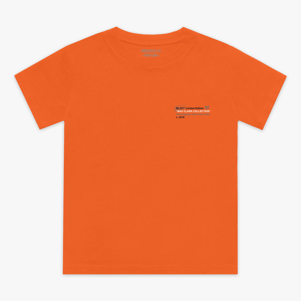 Orange Max Clark youth graphic tee — front view