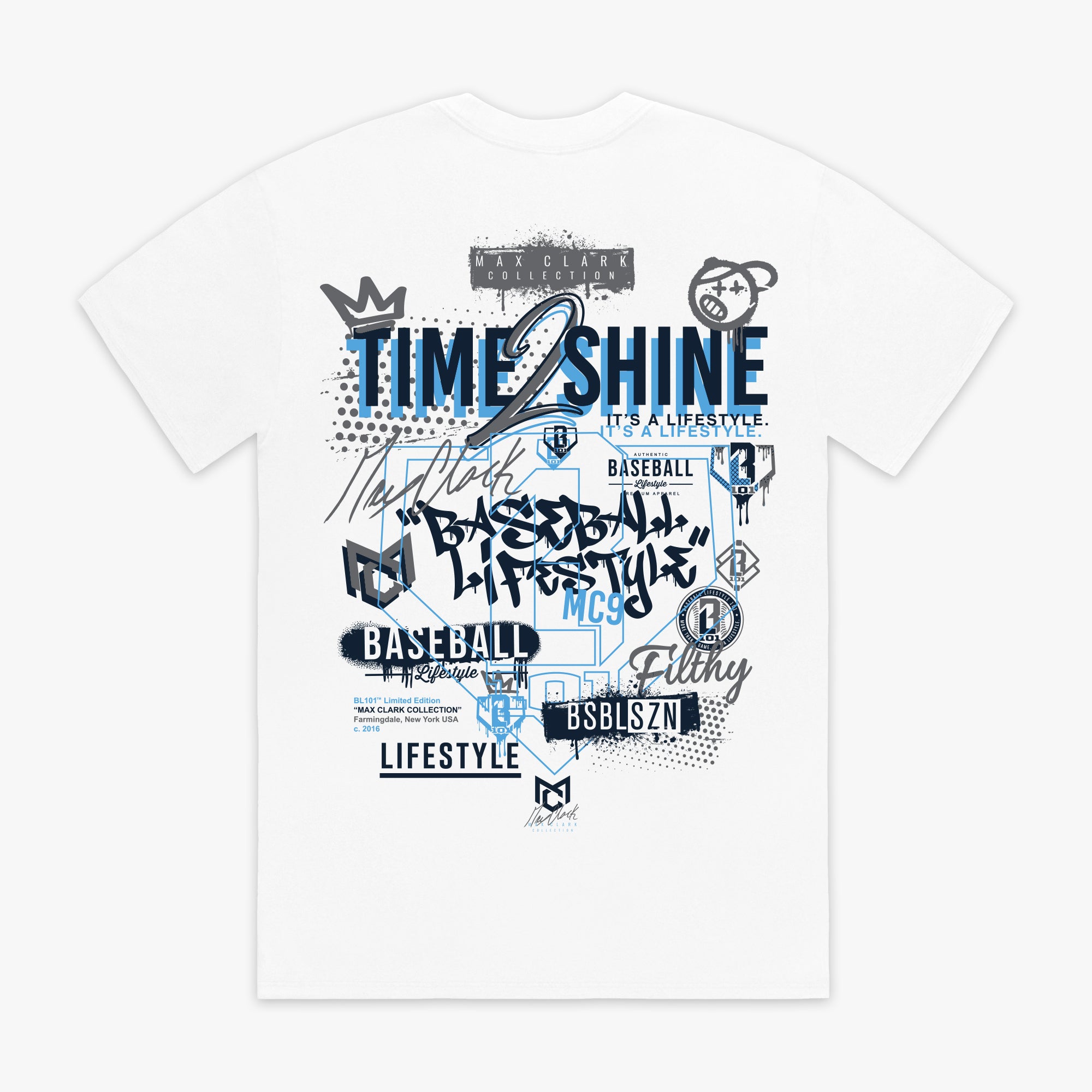 White t-shirt with black and blue graphic designs and text on a white background
