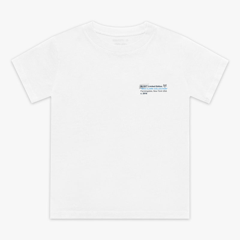 White t-shirt with a small logo on the chest against a white background