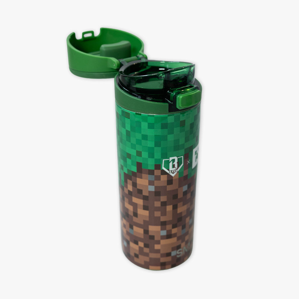 Multi-Color Mesa Loop Minecraft Grass Block water bottle with covered straw — lifestyle
