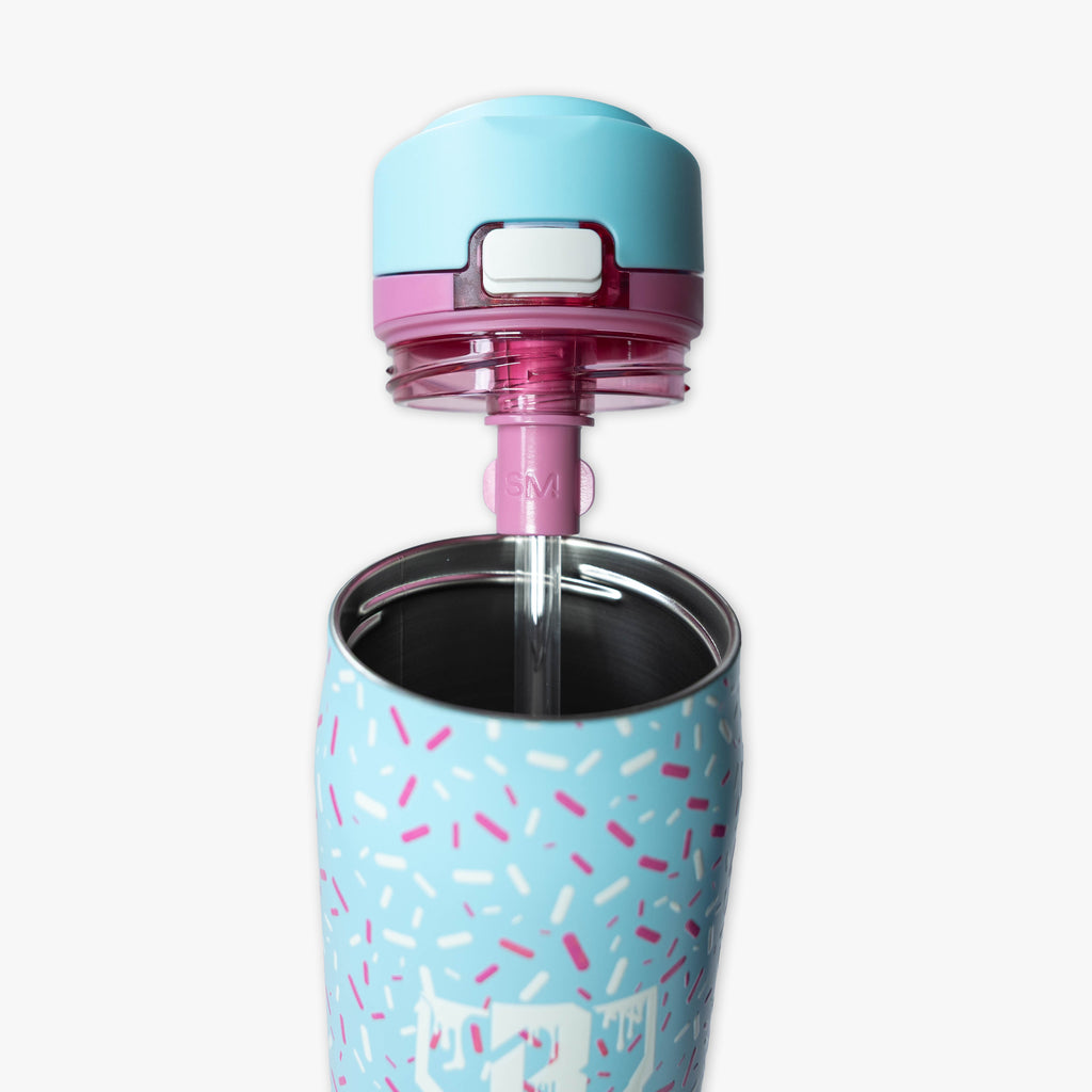 Blue Mesa Loop water bottle with covered straw — Cotton Candy Ice Cream, product view