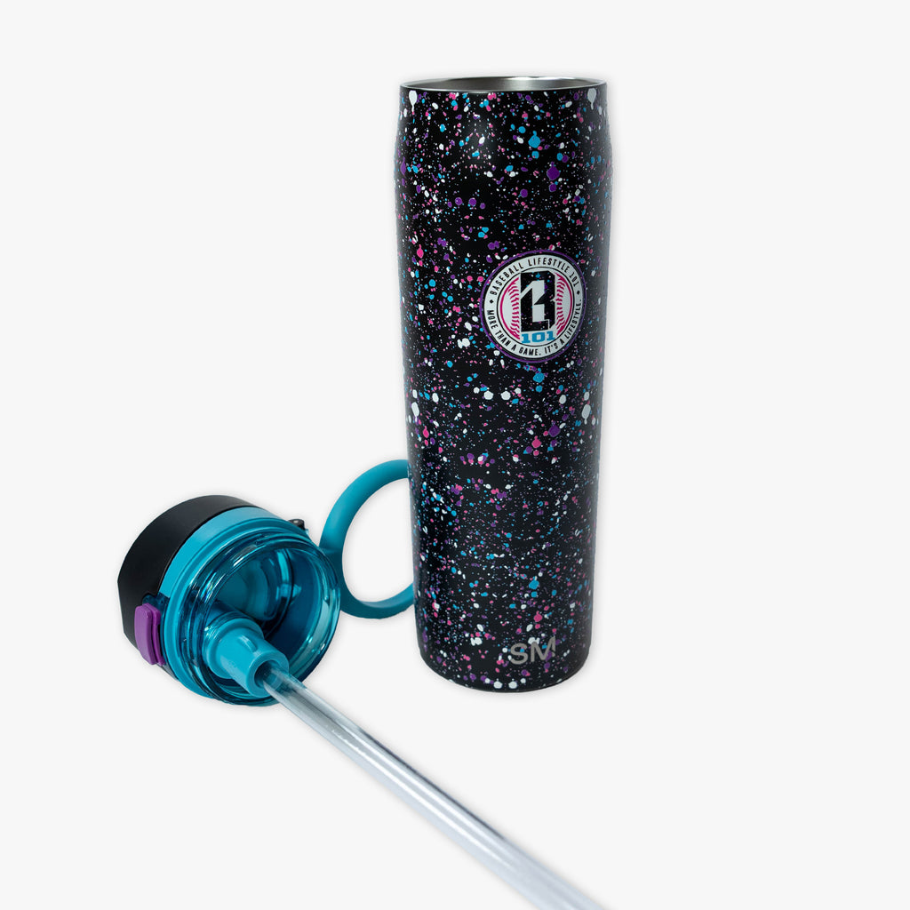Black Mesa Loop water bottle with covered straw — Splatter Galaxy, product view