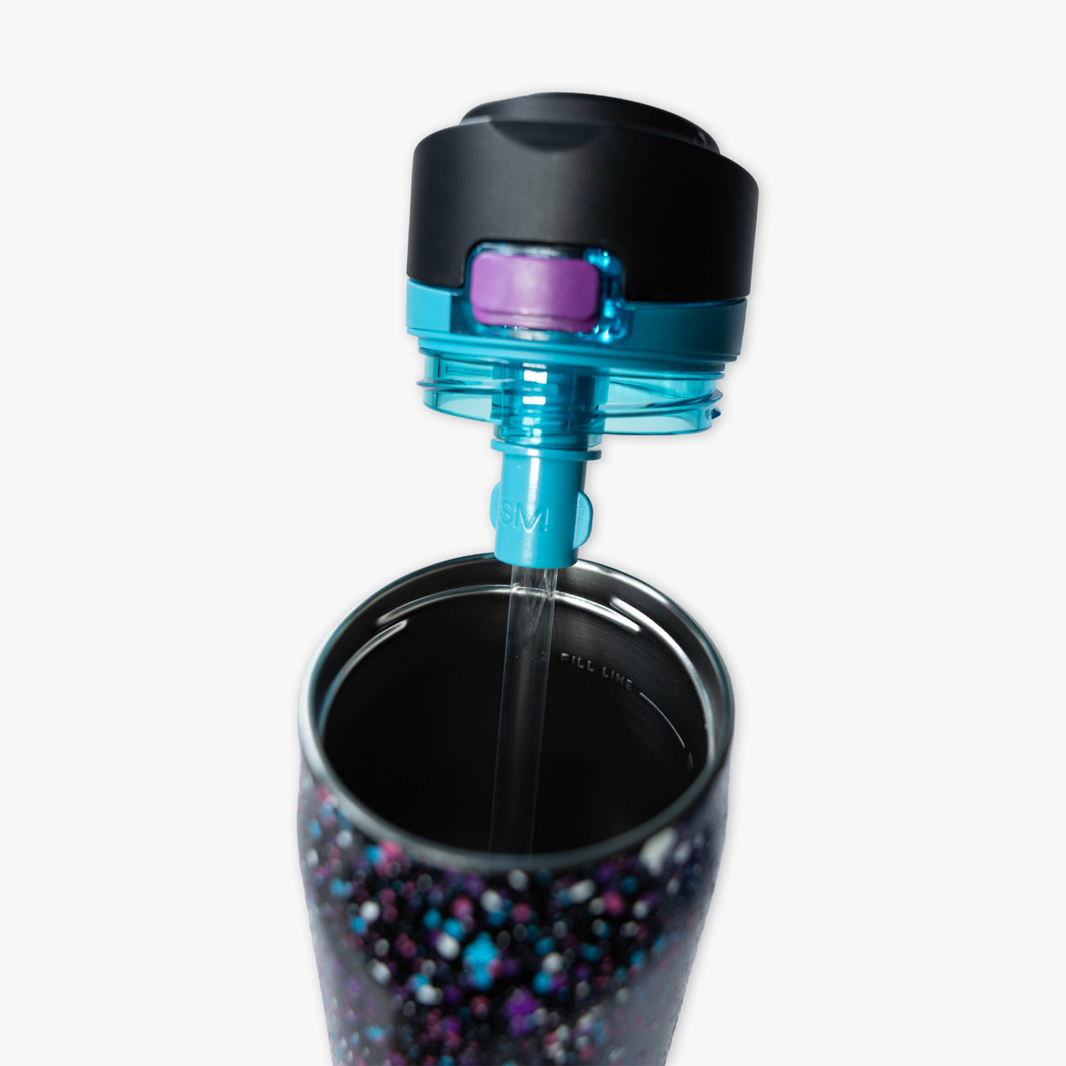 Black Mesa Loop water bottle with covered straw — Splatter Galaxy, product view