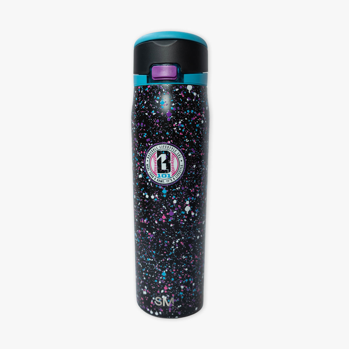 Black Mesa Loop water bottle with covered straw — Splatter Galaxy, product view