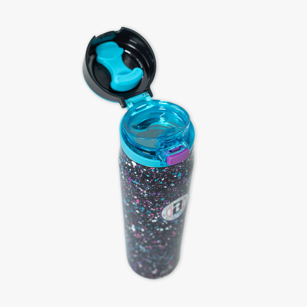 Black Mesa Loop water bottle with covered straw — Splatter Galaxy, product view