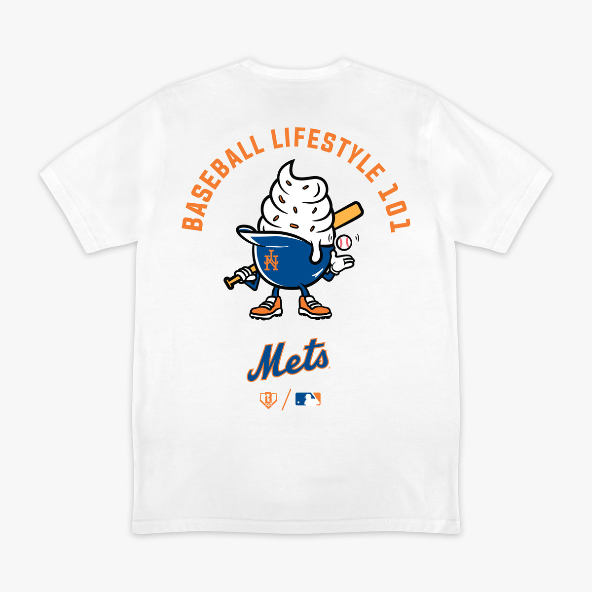White graphic tee with "New York Mets Ice Cream Cap" design - back view