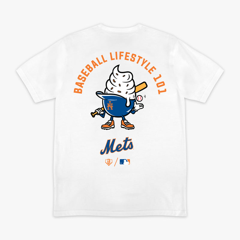 White graphic tee with "New York Mets Ice Cream Cap" design - back view