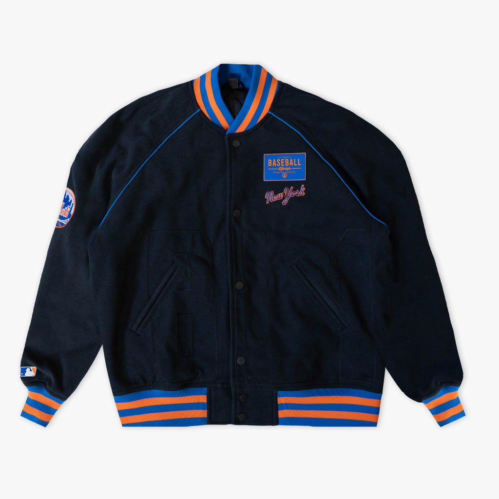 Black New York Mets Stadium youth bomber jacket — front view