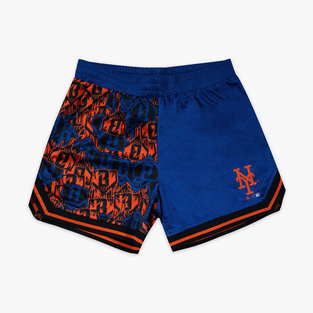 Blue youth shorts with "New York Mets Sticker Court" design - front view