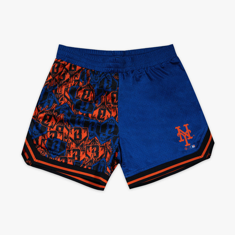 Blue youth shorts with "New York Mets Sticker Court" design - front view
