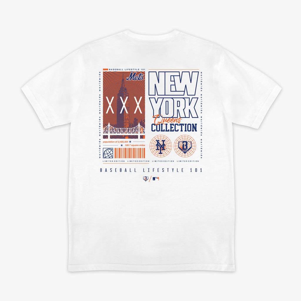 White t-shirt with New York Mets graphics and 'NEW YORK Queens COLLECTION' text on a white background