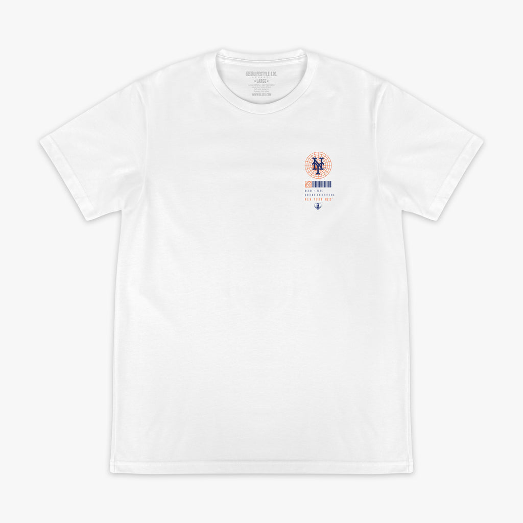 White t-shirt with a small New York Mets logo on the chest against a white background