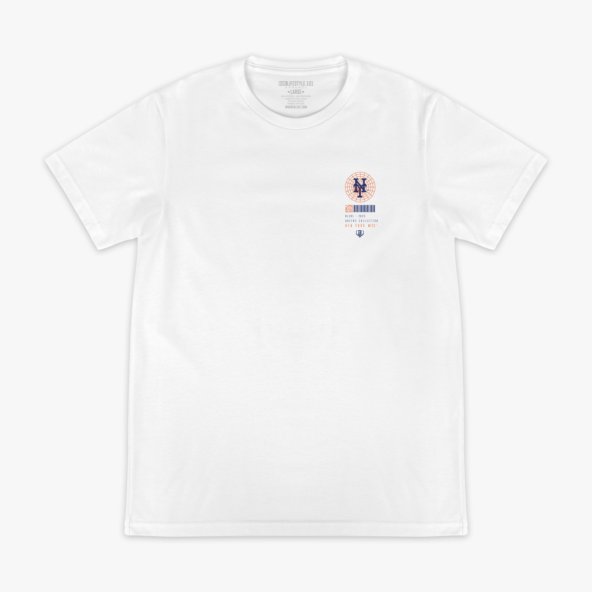 White t-shirt with a small New York Mets logo on the chest against a white background