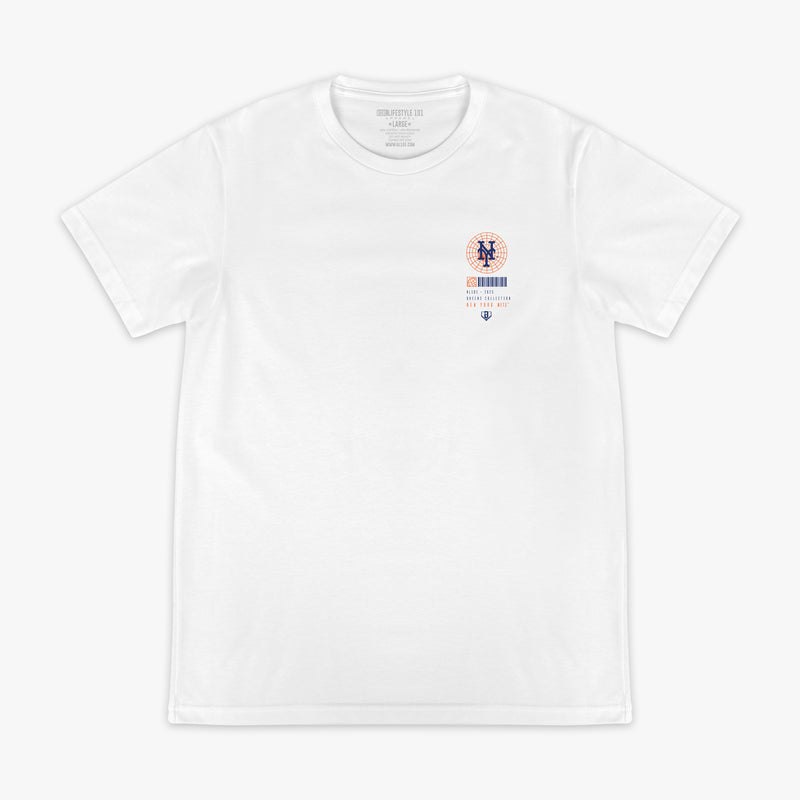 White t-shirt with a small New York Mets logo on the chest against a white background