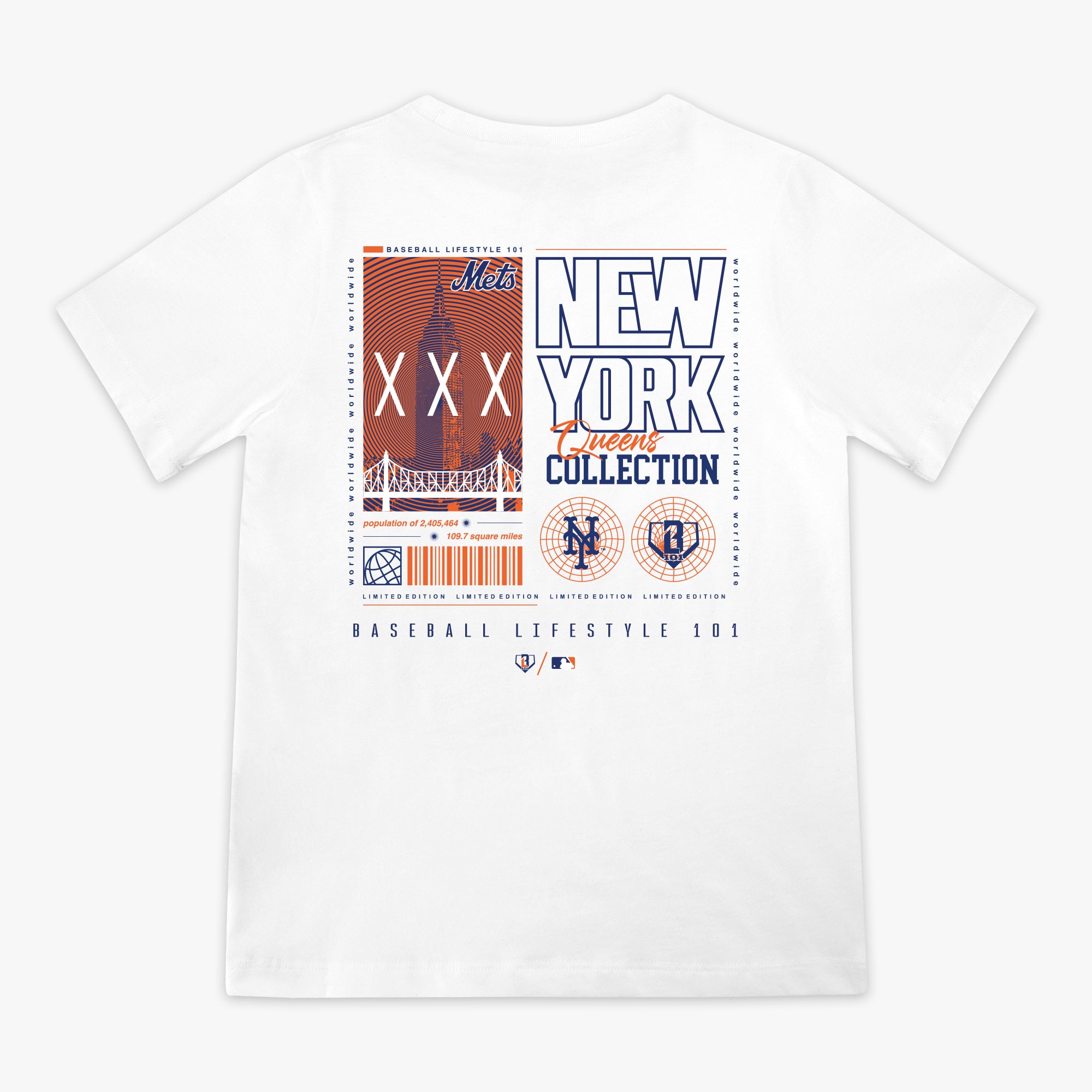 White t-shirt with New York Mets graphics and 'New York Queens Collection' text on a white background