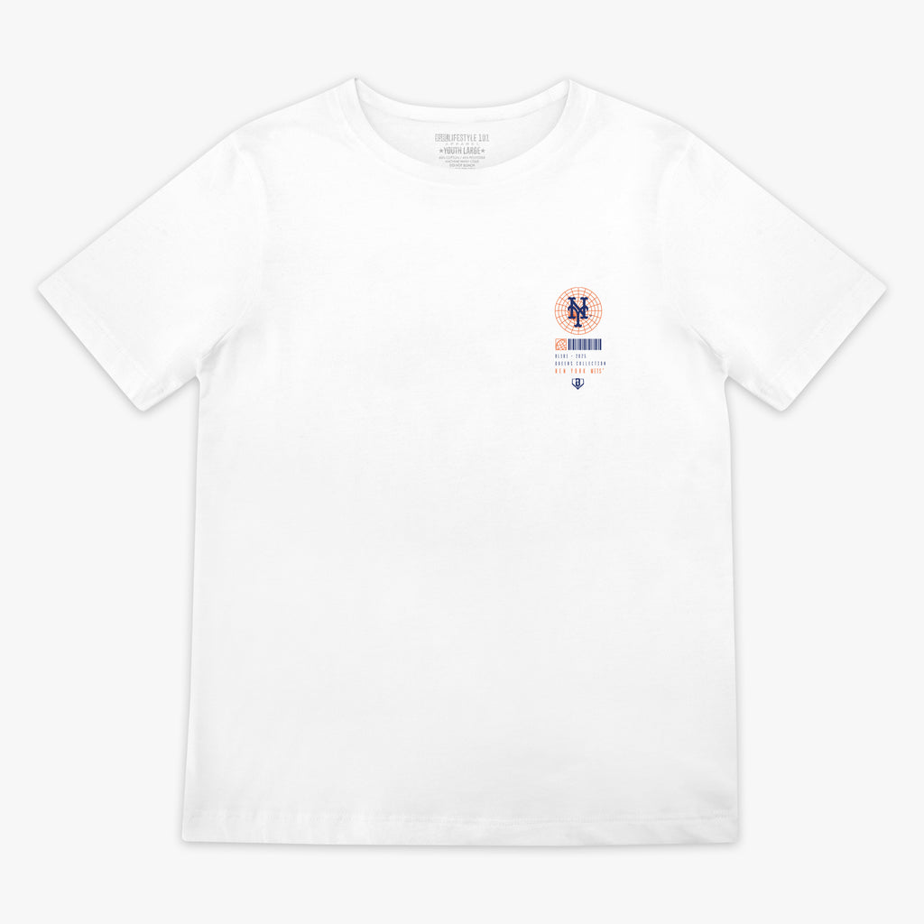 White t-shirt with a small 'New York Mets' logo on the chest against a white background