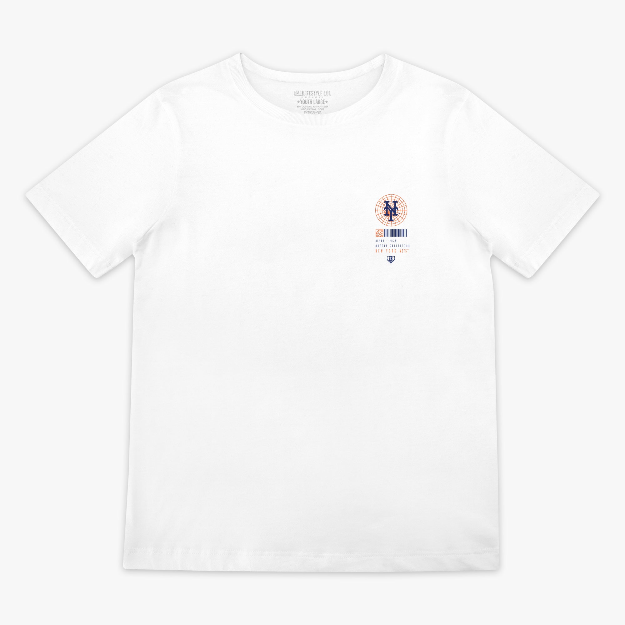 White t-shirt with a small 'New York Mets' logo on the chest against a white background