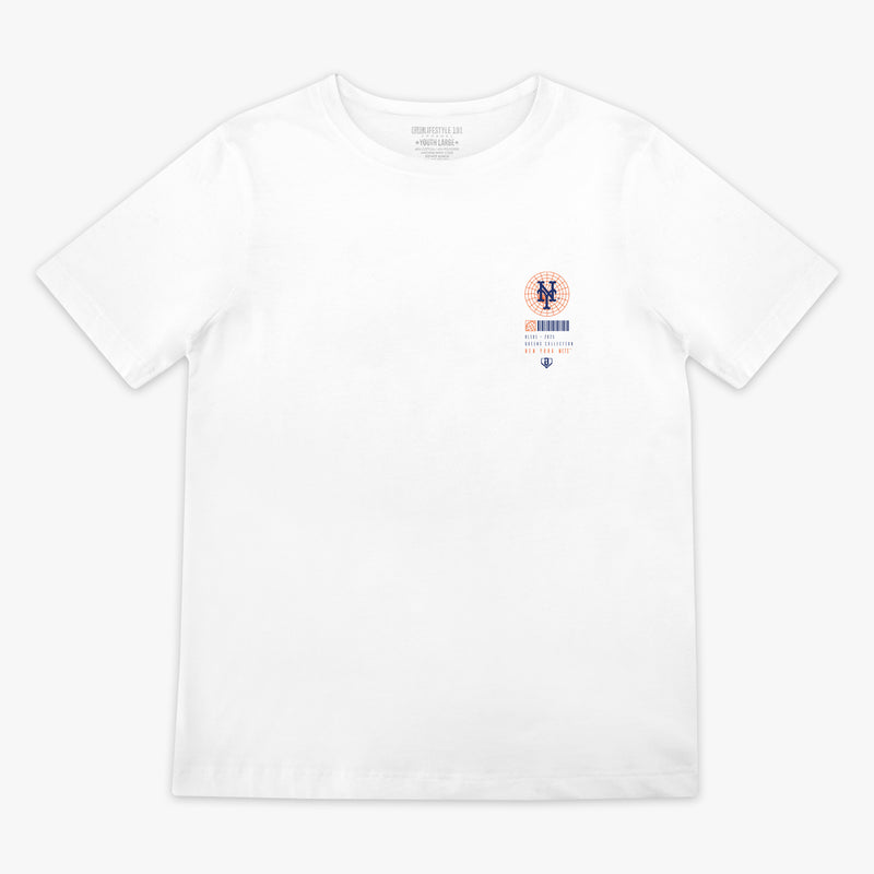 White t-shirt with a small 'New York Mets' logo on the chest against a white background