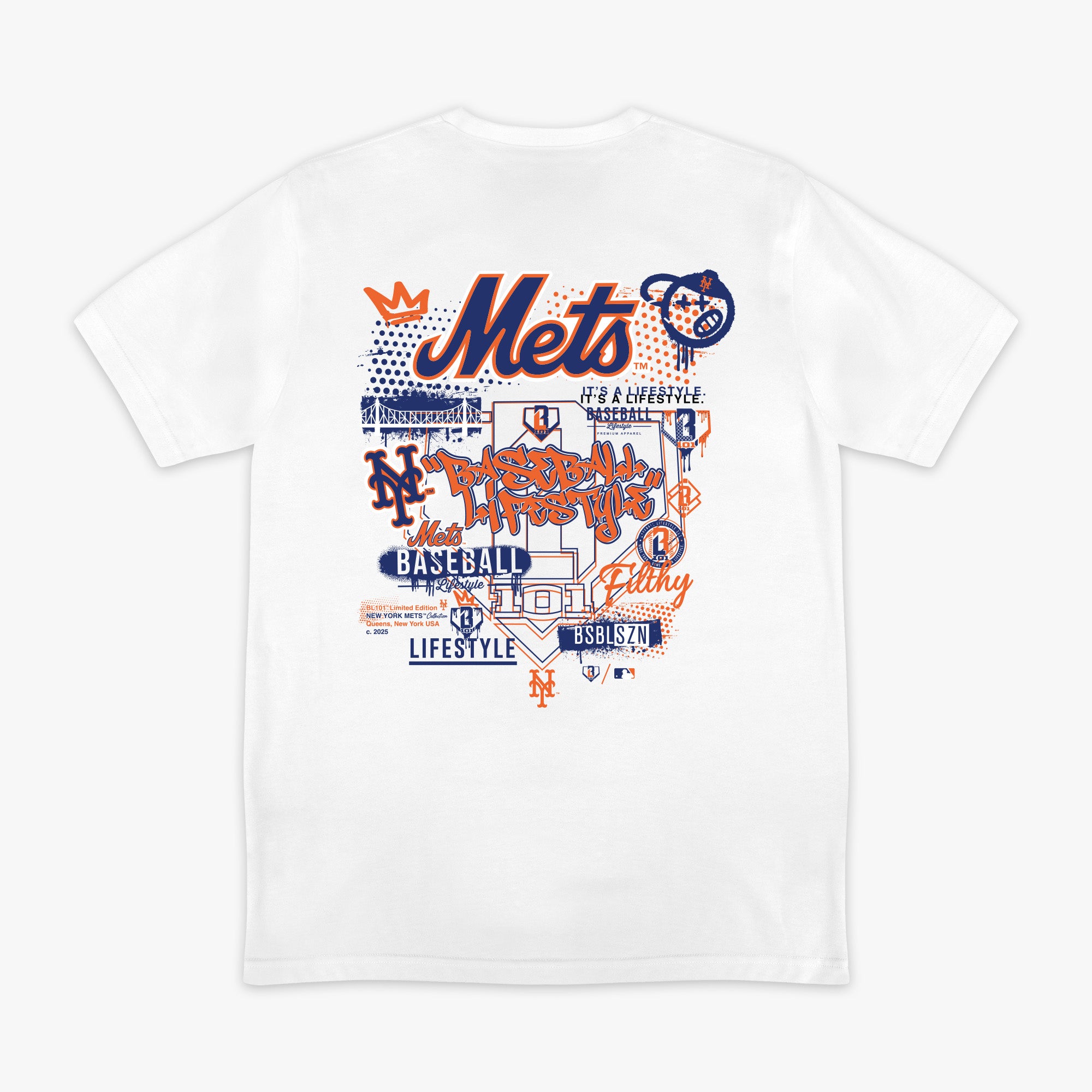 White t-shirt with colorful blue and orange graphics and 'METS' logo on a white background