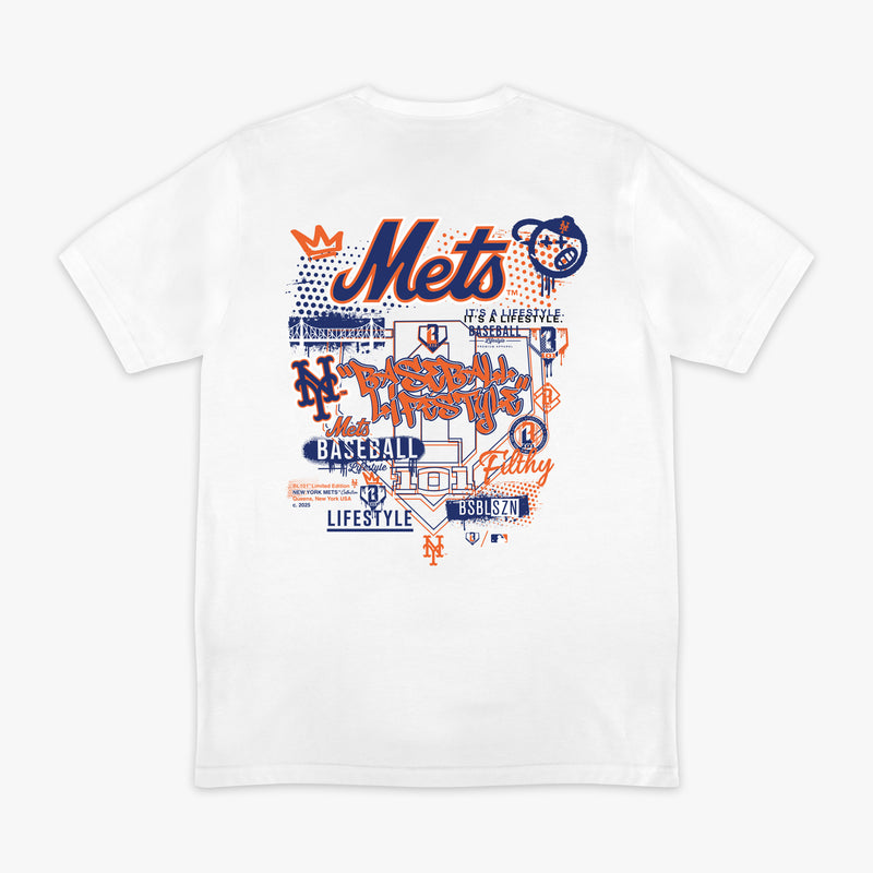 White t-shirt with colorful blue and orange graphics and 'METS' logo on a white background