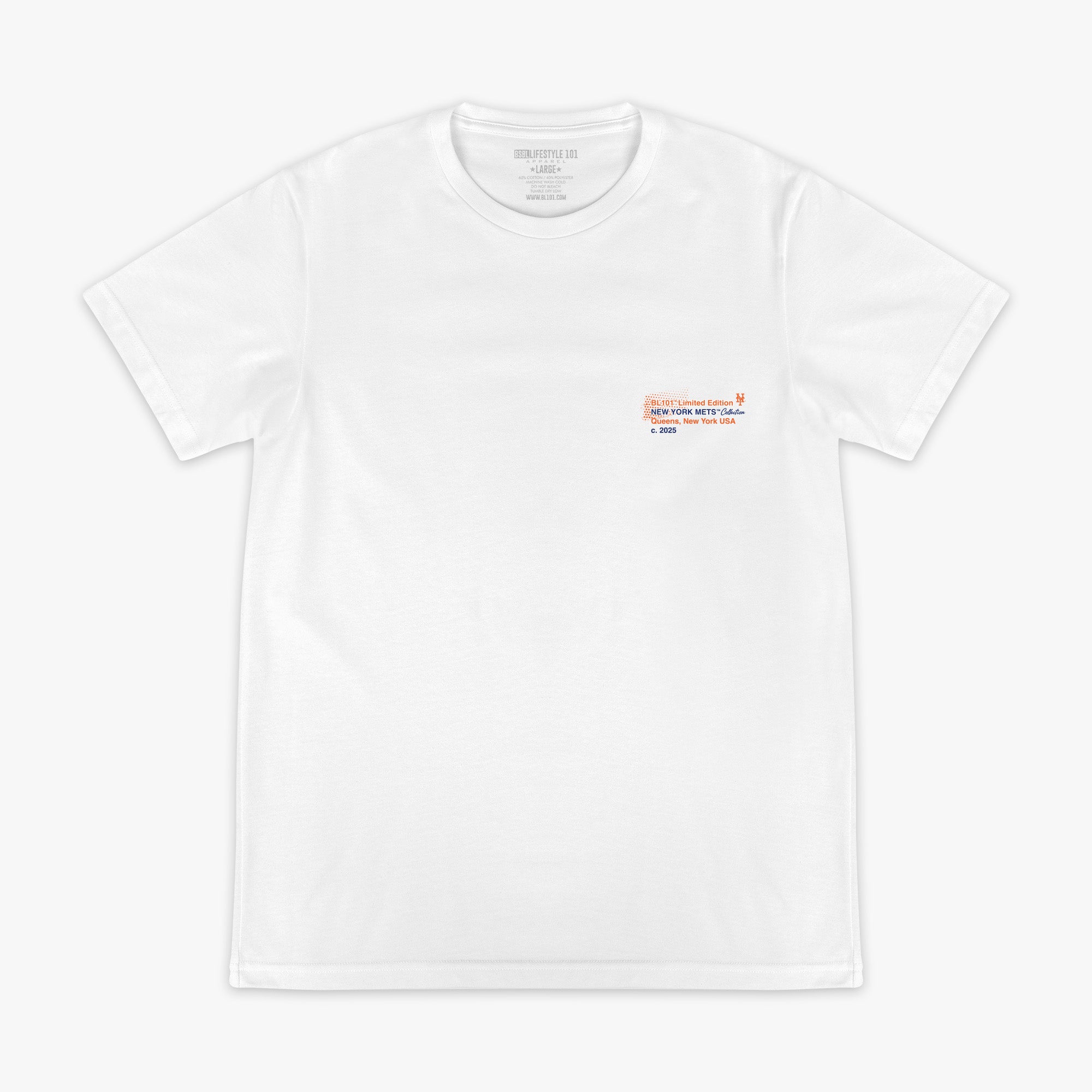 White t-shirt with a small 'NEW YORK METS' text on the chest against a white background