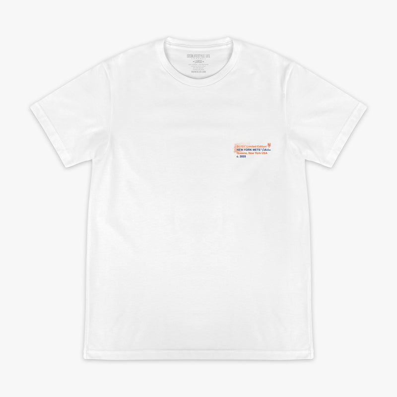 White t-shirt with a small 'NEW YORK METS' text on the chest against a white background