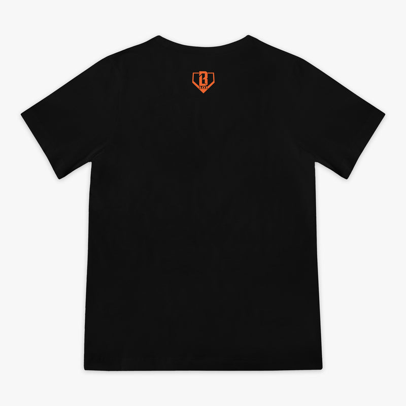 Black t-shirt with an orange BL101 logo on the chest against a white background