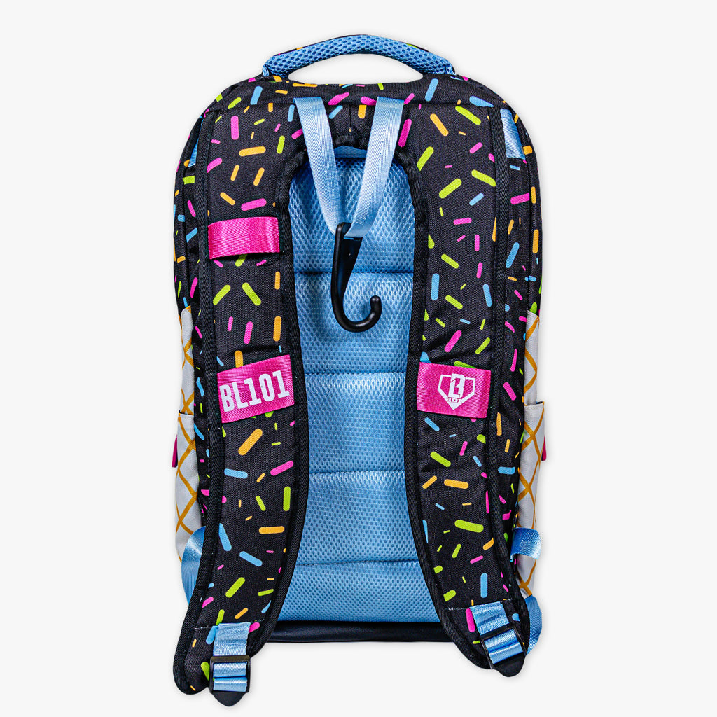 Adult model wearing black backpack with "Midnight Sundae SZN 2" design