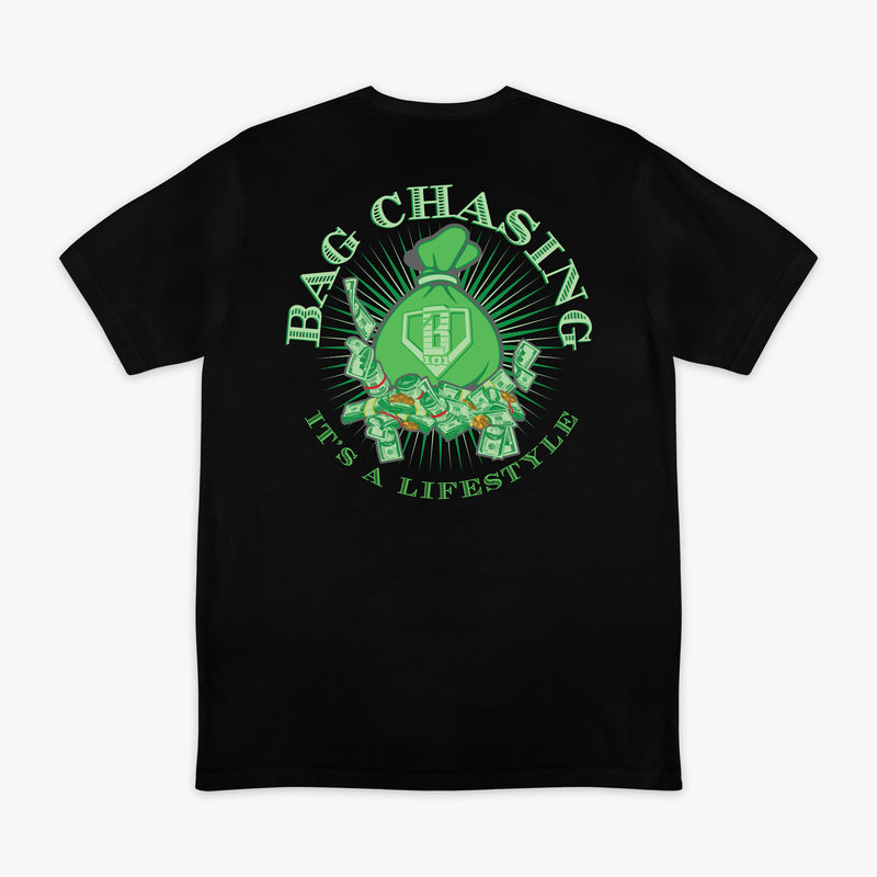 Black t-shirt with green money bag graphic design and 'Bag Chasing' text on a white background