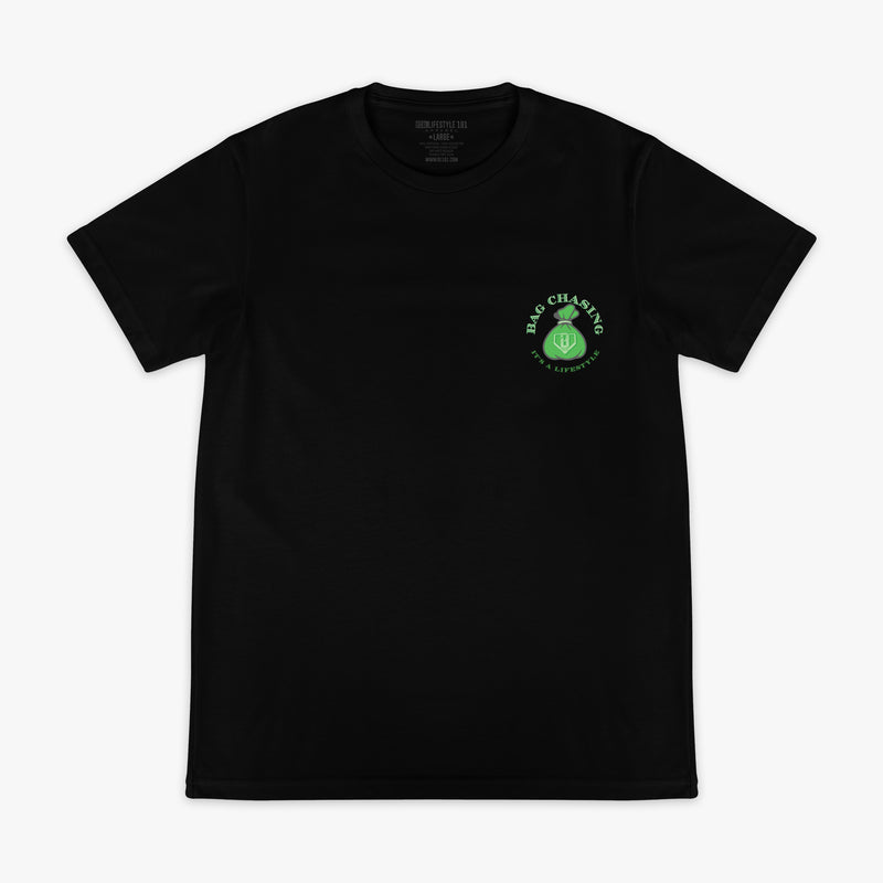 Black t-shirt with a green money bag logo and 'Bag Chasing' text on a white background