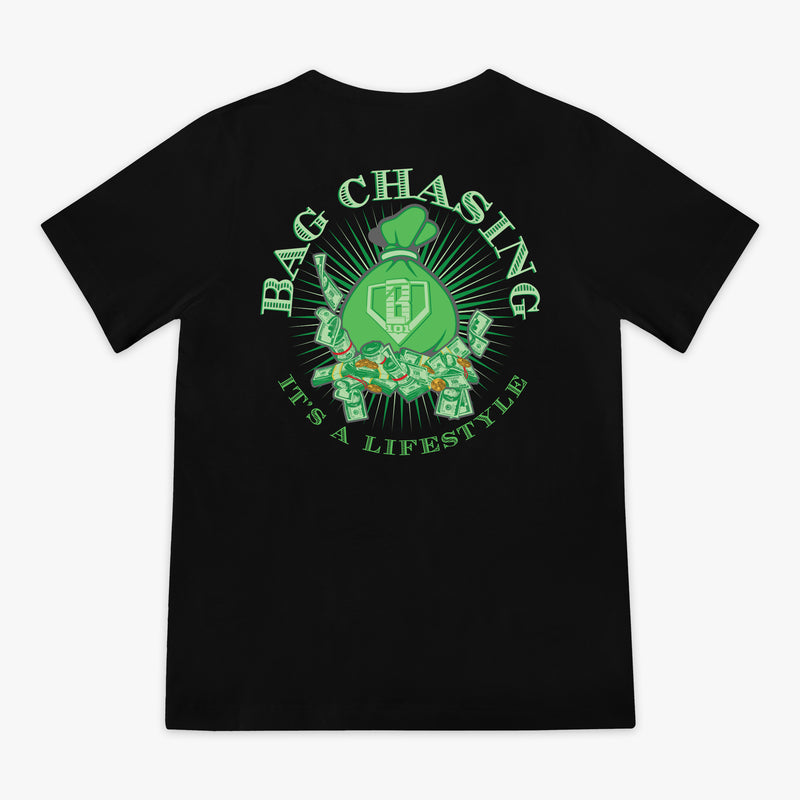 Black t-shirt with green money bag graphic and text 'Bag Chasing It's a Lifestyle' on a white background