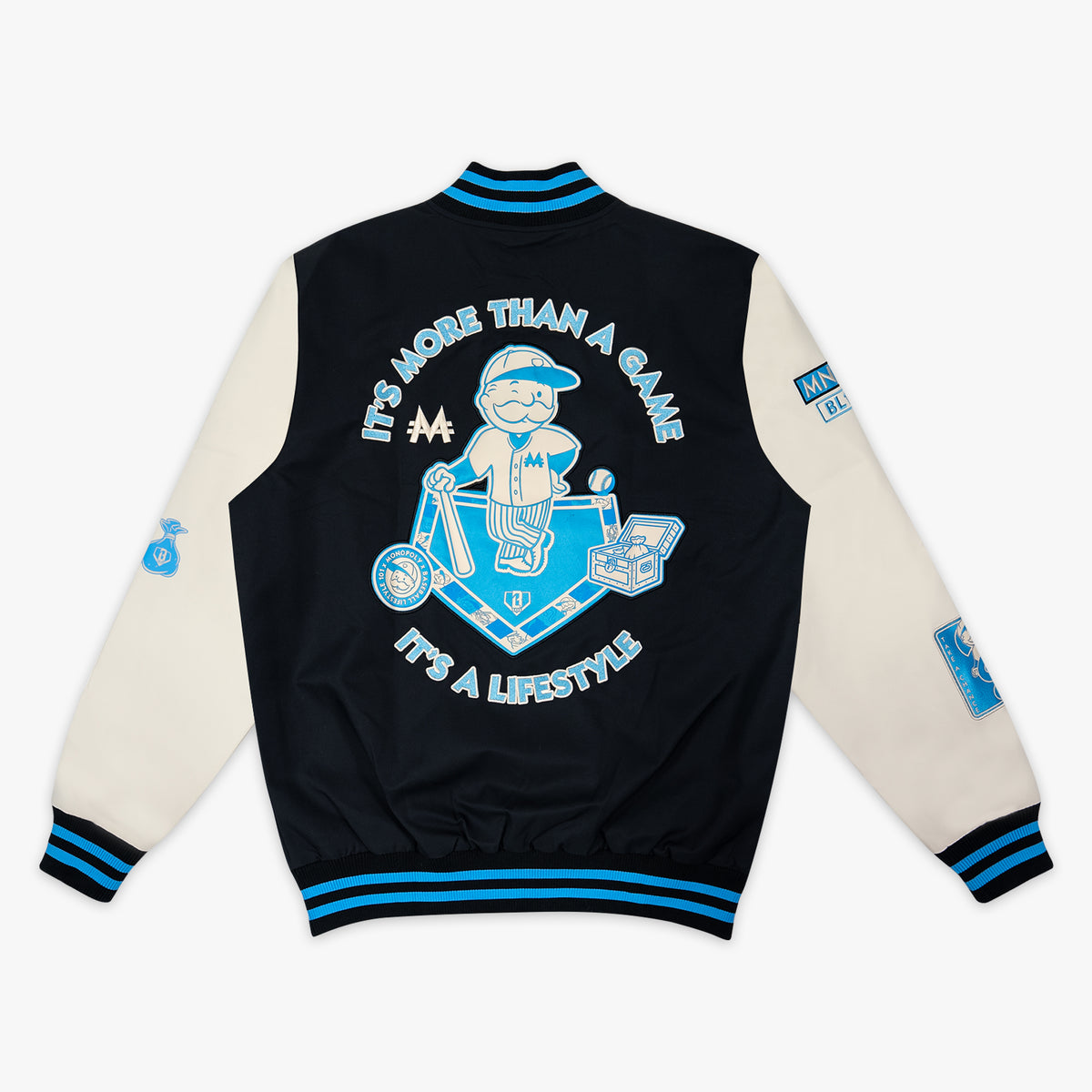 Youth jacket with “Monopoly MVP Varsity Jacket” design — back view