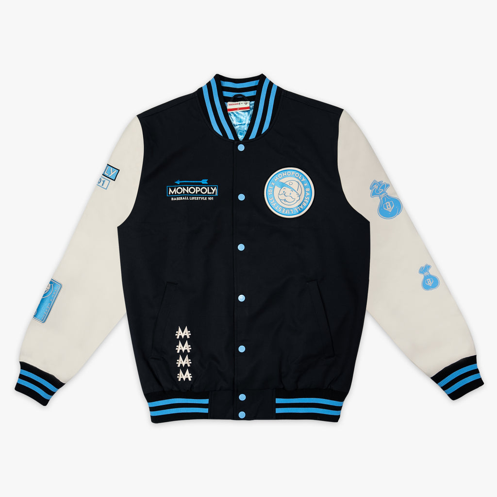 Youth jacket with “Monopoly MVP Varsity Jacket” design — front view