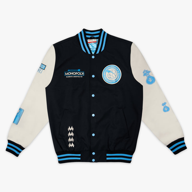 Youth jacket with “Monopoly MVP Varsity Jacket” design — front view