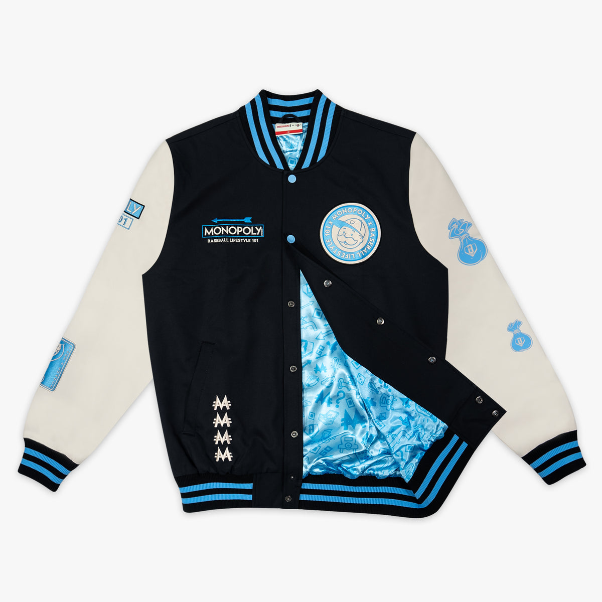 Youth jacket with “Monopoly MVP Varsity Jacket” design — front view