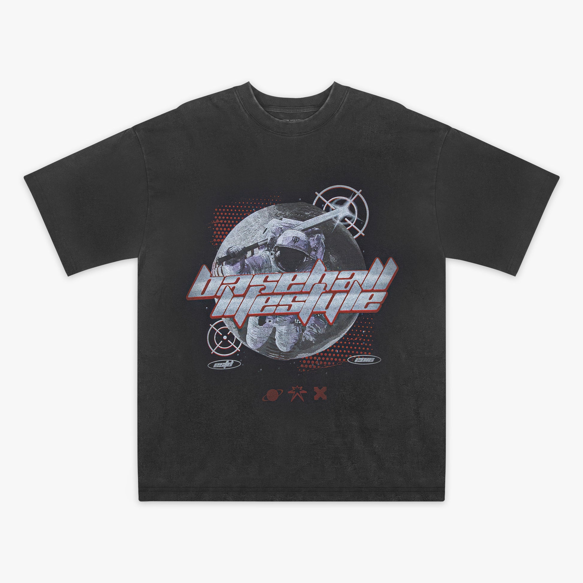 Grey t-shirt with graphic design and 'Baseball Lifestyle' text on a white background