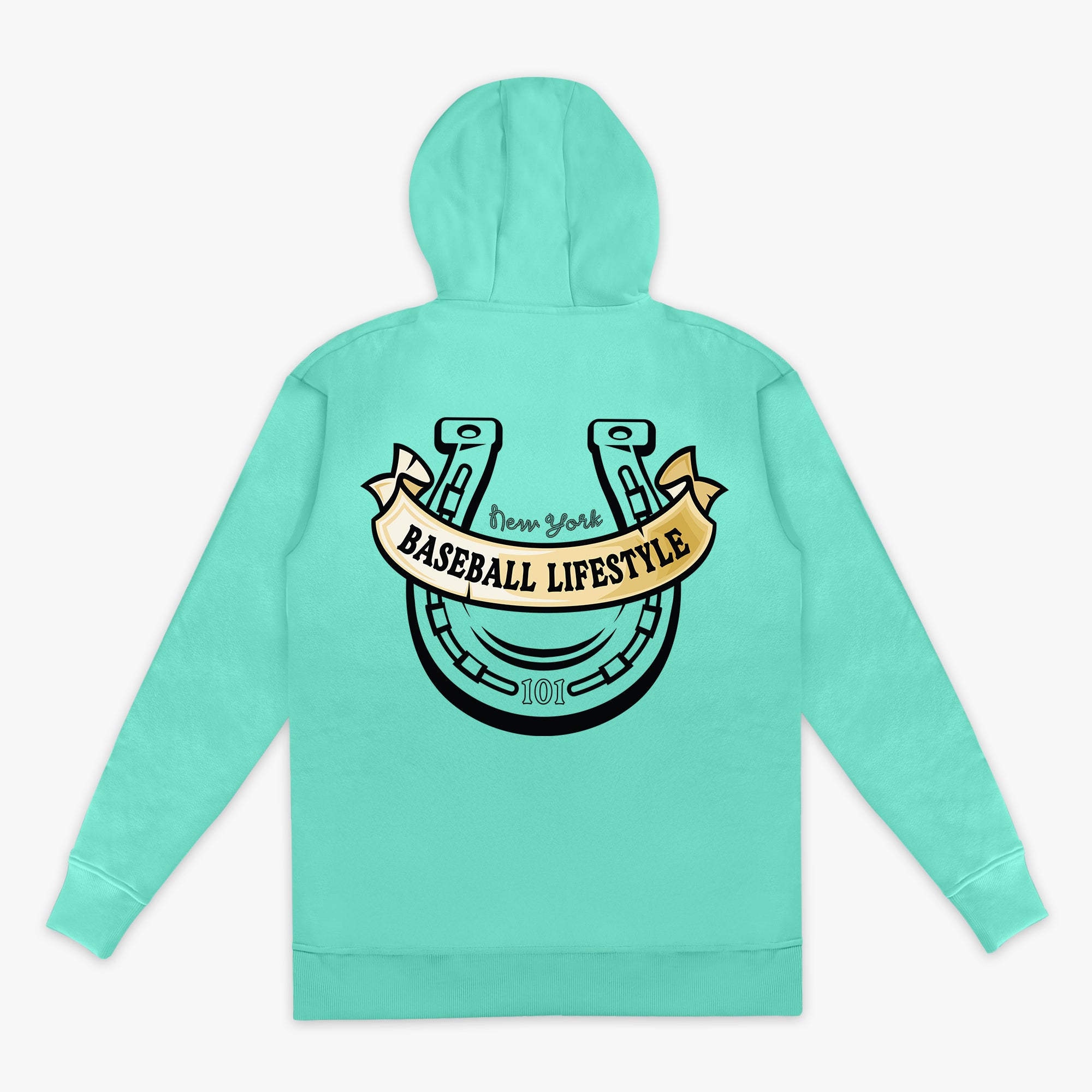 Light green hoodie with a horseshoe graphic design and 'New York Baseball Lifestyle' on the back on a white background