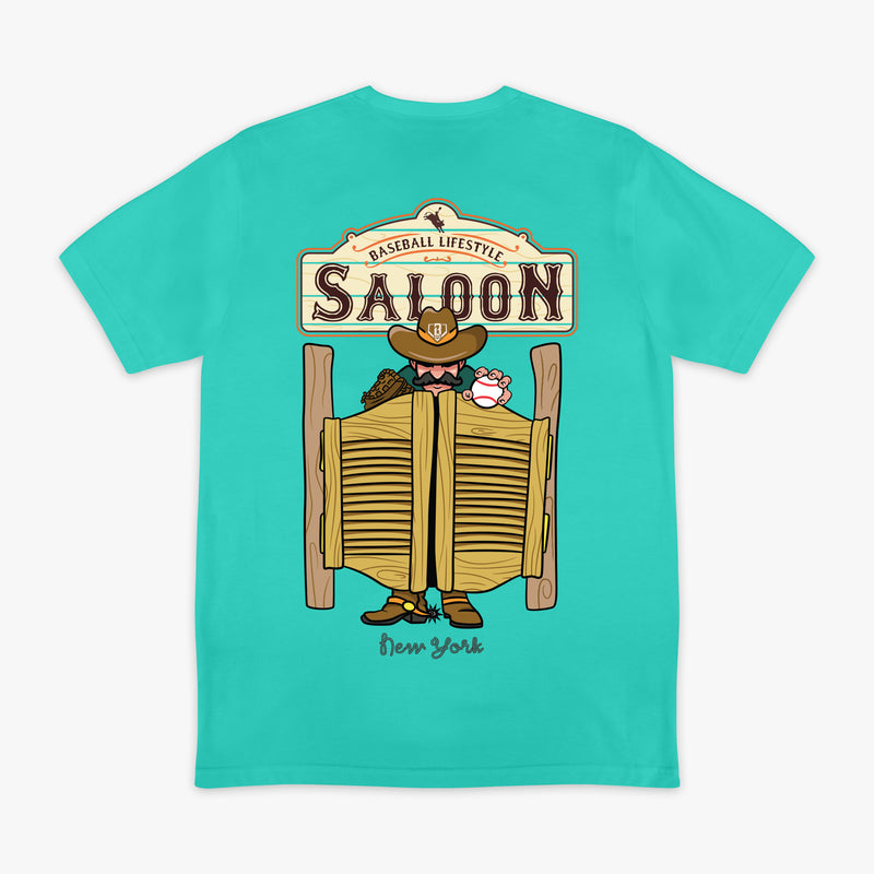 Teal t-shirt with a graphic of a saloon door and cowboy, on a white background