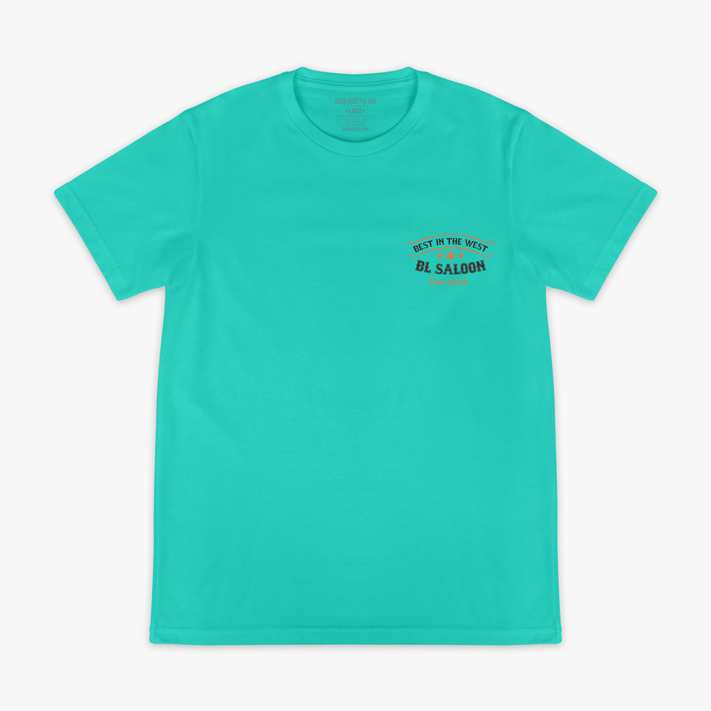 Teal t-shirt with 'Best in the west BL Saloon New York' text on a white background