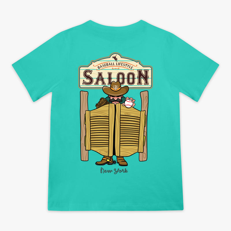 Teal t-shirt with a graphic of a saloon door and cowboy, on a white background