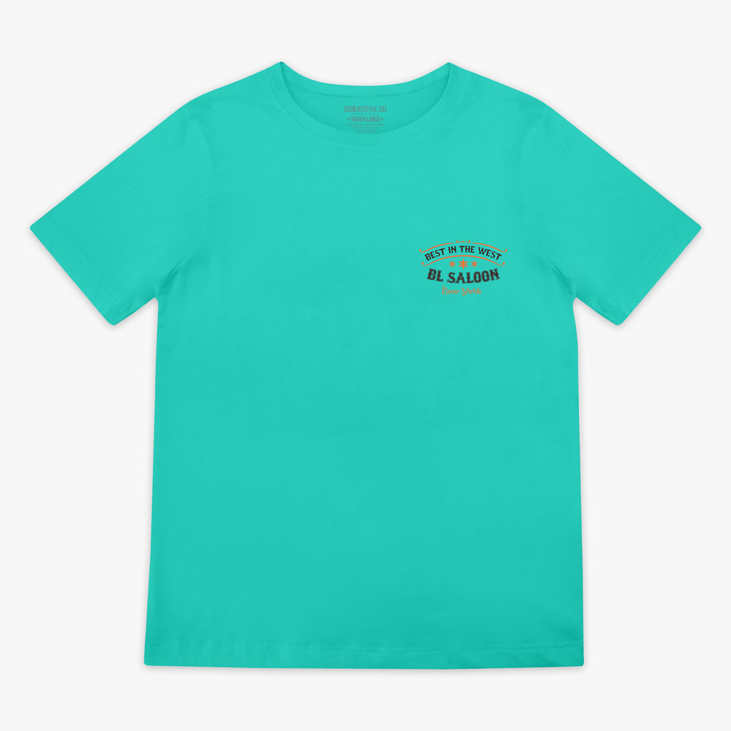 Teal t-shirt with 'Best in the west BL Saloon New York' text on a white background