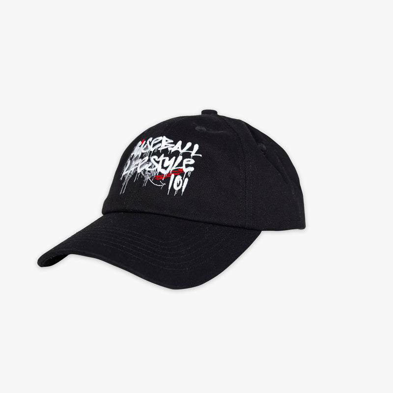 Black cap with white and red 'Baseball Lifestyle 101' text on a white background